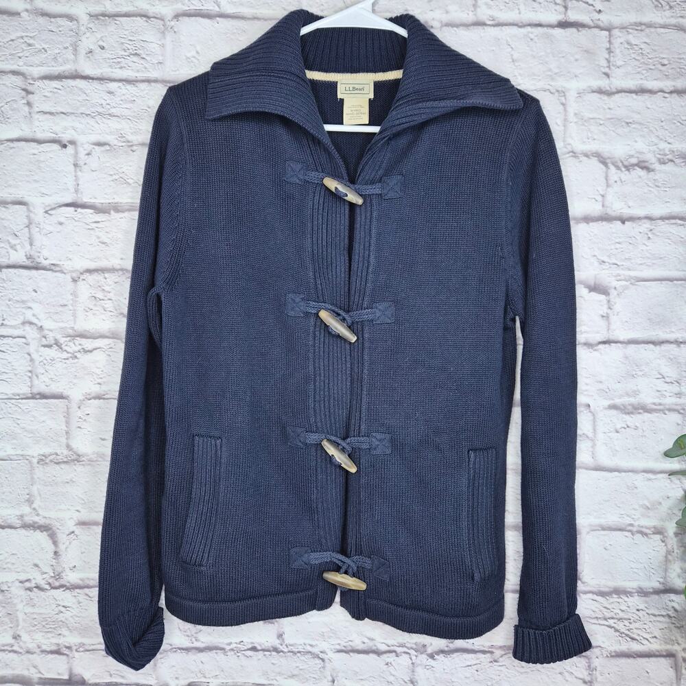 LL Bean Womens Toggle Cardigan Sweater Navy Blue Heavy Knit Cotton Medium M Coat